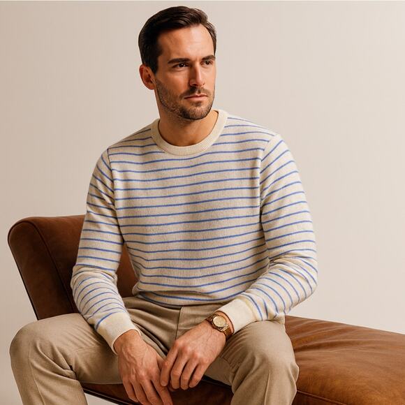 J. CREW 100% Cashmere Sweater Stripe Amalfi Blue Ivory Crewneck Sz L $198 {S51}